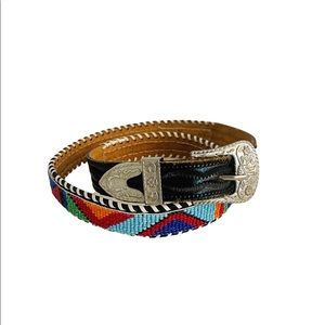 Native American Leather Seed Beaded Belt Tooled Size Med / Large